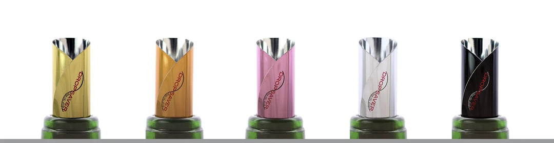 DROPSAVER® wine pourer color comparison – gold, copper, pink, silver and black variants on bottle necks.