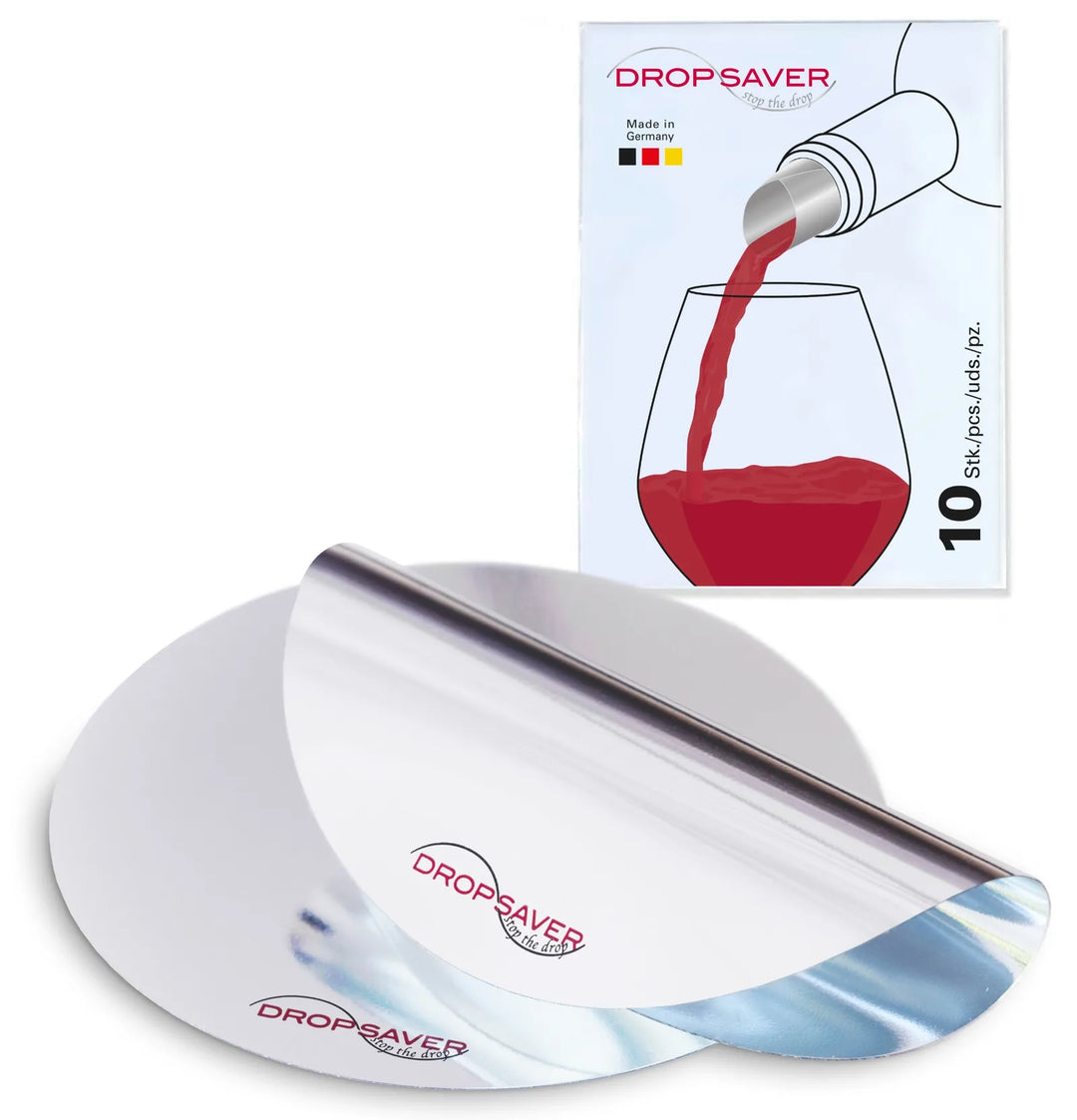 DROPSAVER® drip-free wine pourer – 10-pack silver foil discs, reusable and Made in Germany