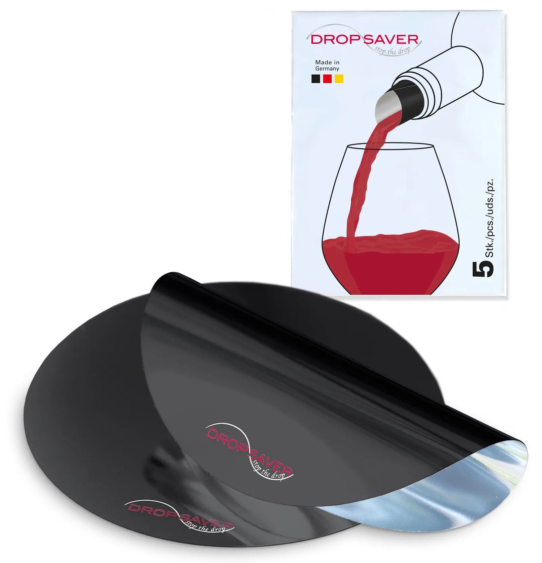 DROPSAVER® drip-free wine pourer – 5-pack black reusable discs, Made in Germany.