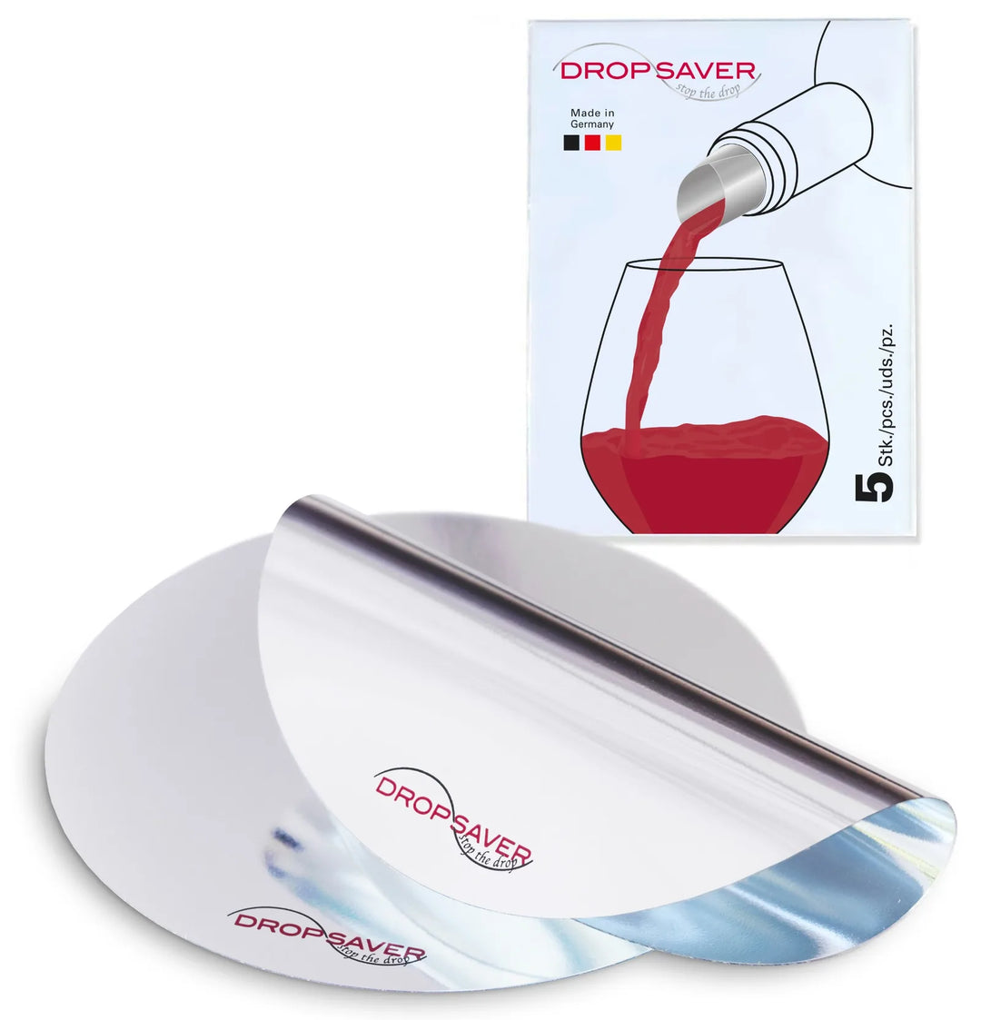 DROPSAVER® drip-free wine pourer – 5-pack silver reusable discs, Made in Germany.