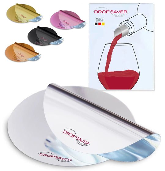 DROPSAVER® Weinausgießer – Übersicht aller Farbvarianten und Verpackung, Made in Germany.