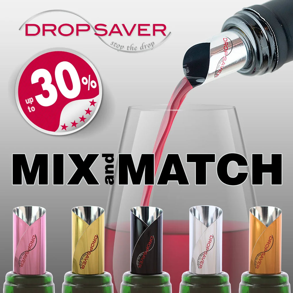 DROPSAVER® Mix and Match wine pourer collection with up to 30% discount, pouring red wine into a glass, featuring multiple color variants.